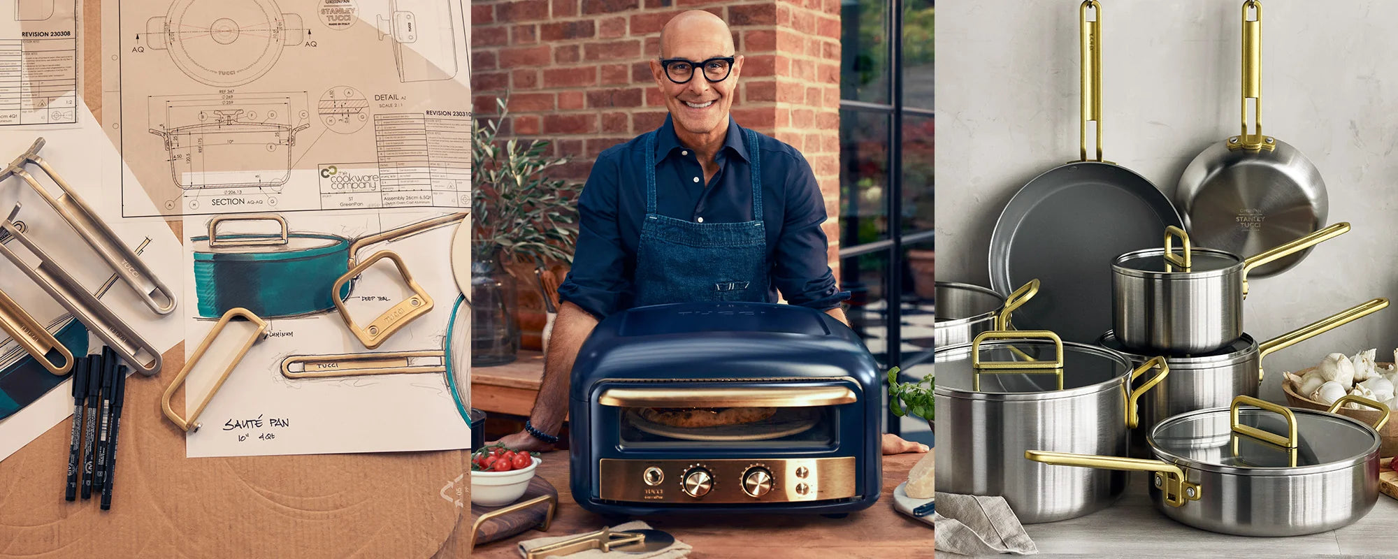 Stanley Tucci stands behind a countertop oven surrounded by cookware and product sketches.