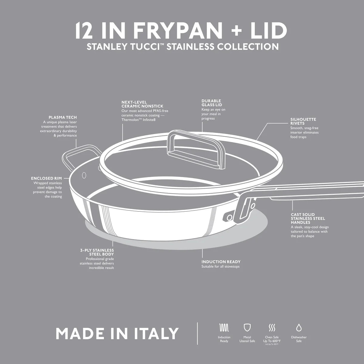 Stanley Tucci™ Stainless Steel Ceramic Nonstick 12" Frypan with Lid | Champagne Handle