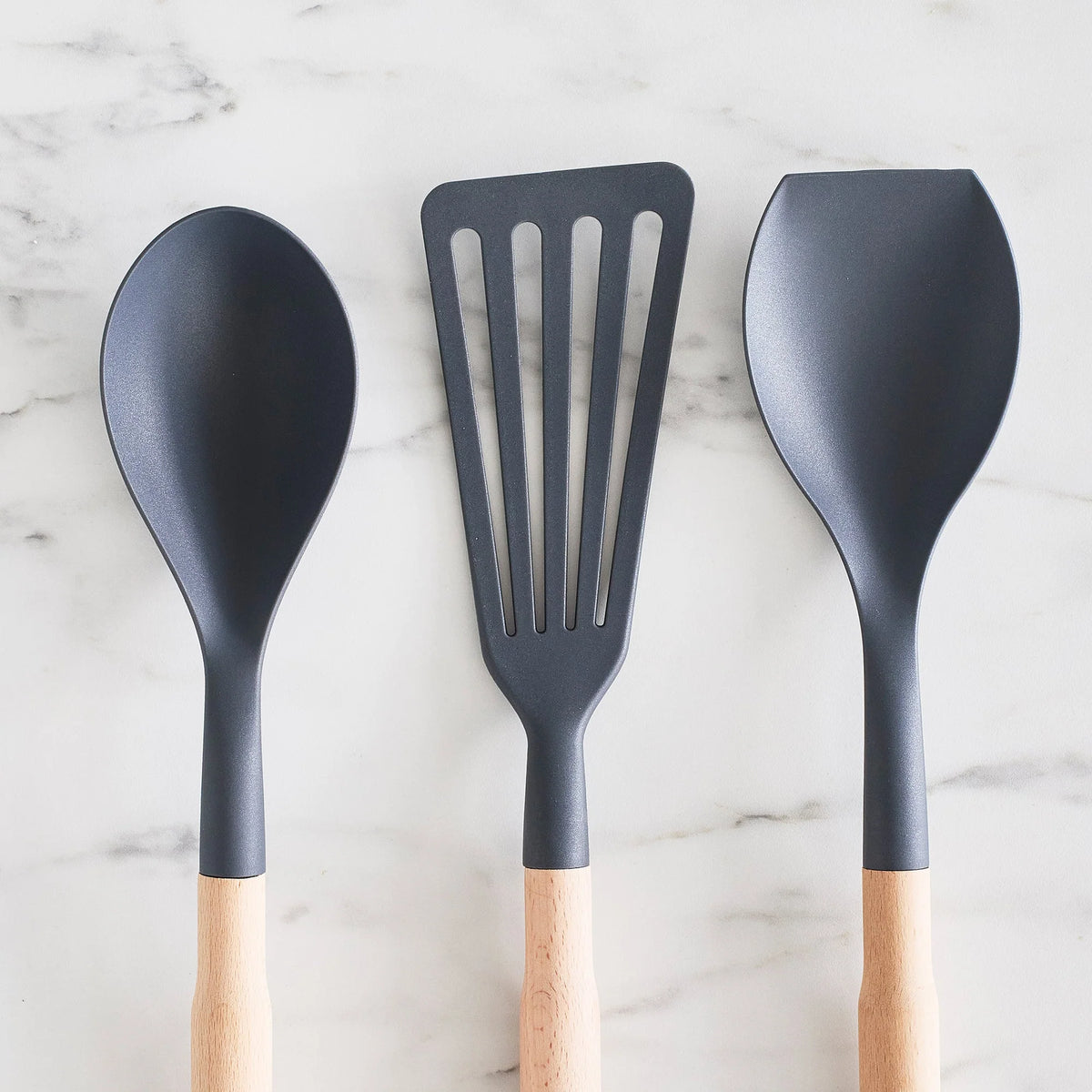 GreenLife Nylon & Wood Cooking Utensils with Ceramic Crock, 7-Piece Set | Charcoal Gray