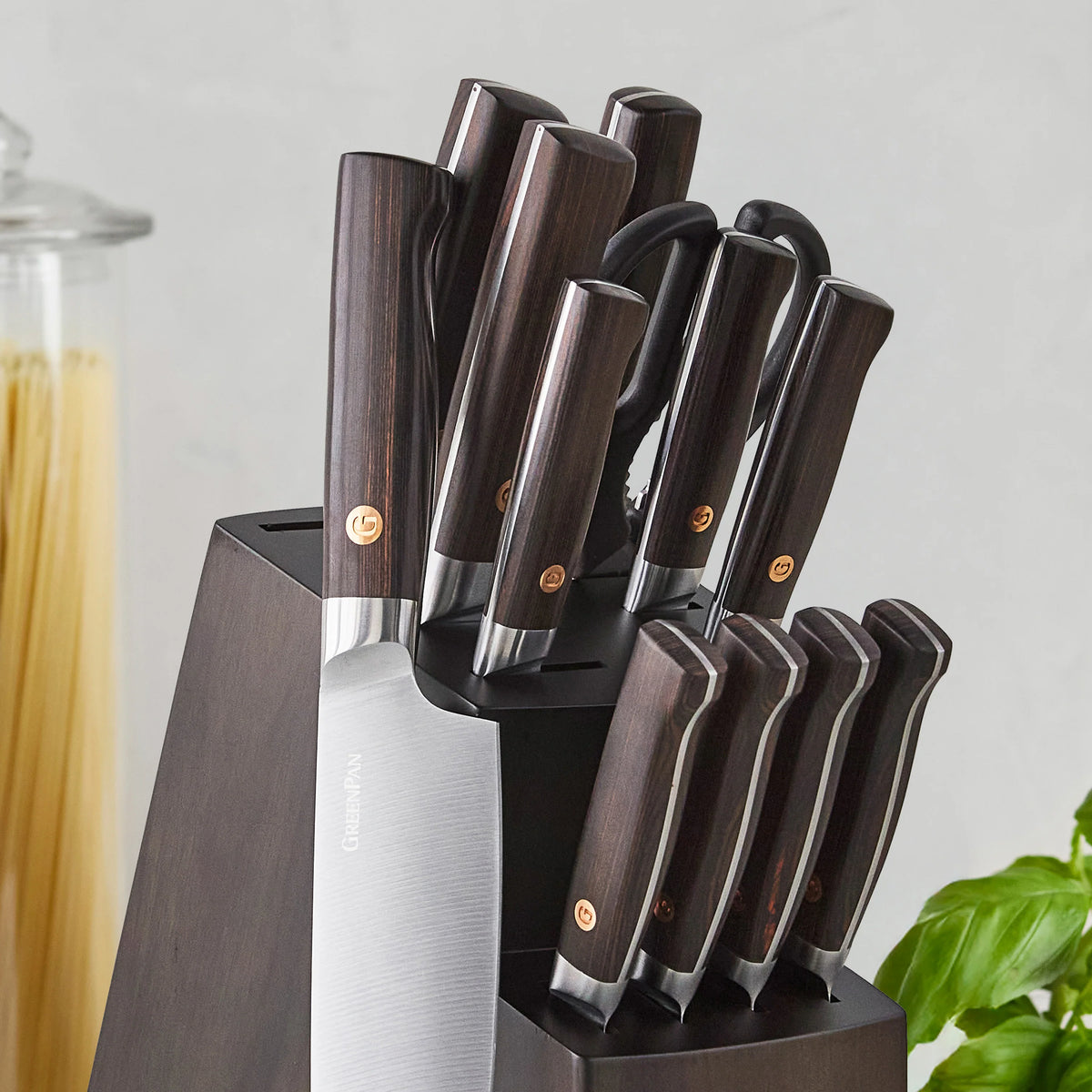 Elite Cutlery 13-Piece Knife Block Set with Dark-Wood Handles
