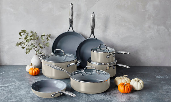 Cookware set arranged on a kitchen counter
