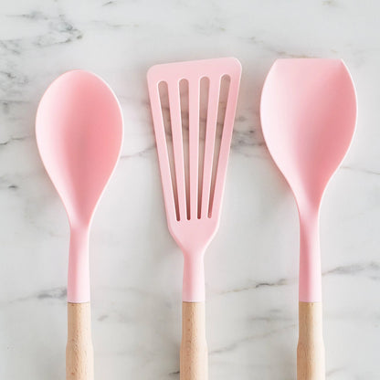 GreenLife Nylon & Wood Cooking Utensils with Ceramic Crock, 7-Piece Set | Pink