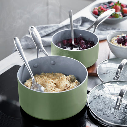 Valencia Pro Ceramic Nonstick 1.5-Quart and 3-Quart Saucepan Set with Lids | Sage
