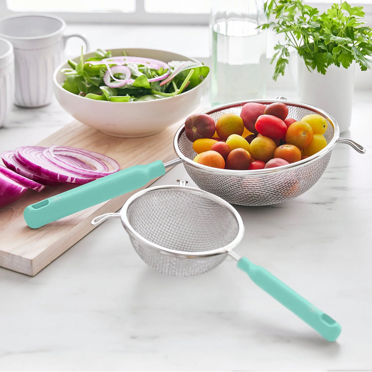 GreenLife Stainless Steel Mesh Strainers, Set of 4 | Turquoise