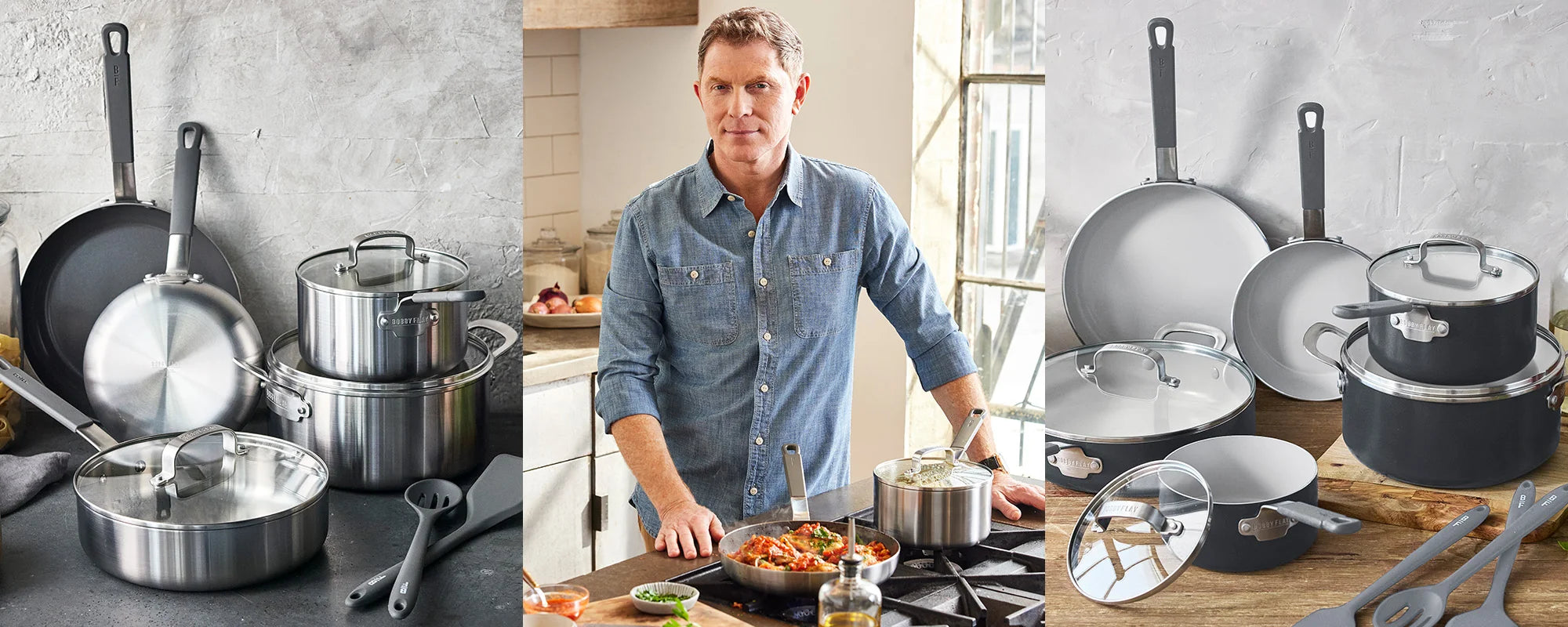 Bobby Flay stands in a kitchen surrounded by cookware.