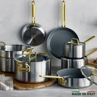 Stanley Tucci™ Stainless Steel Ceramic Nonstick 11-Piece Cookware Set | Champagne Handles