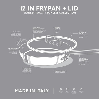 Stanley Tucci™ Stainless Steel Ceramic Nonstick 12" Frypan with Lid | Champagne Handle