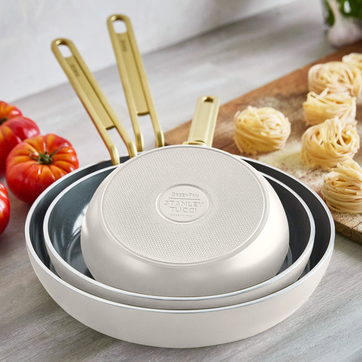 Stanley Tucci™ Ceramic Nonstick 8", 10" and 12" Frypan Set | Carrara White