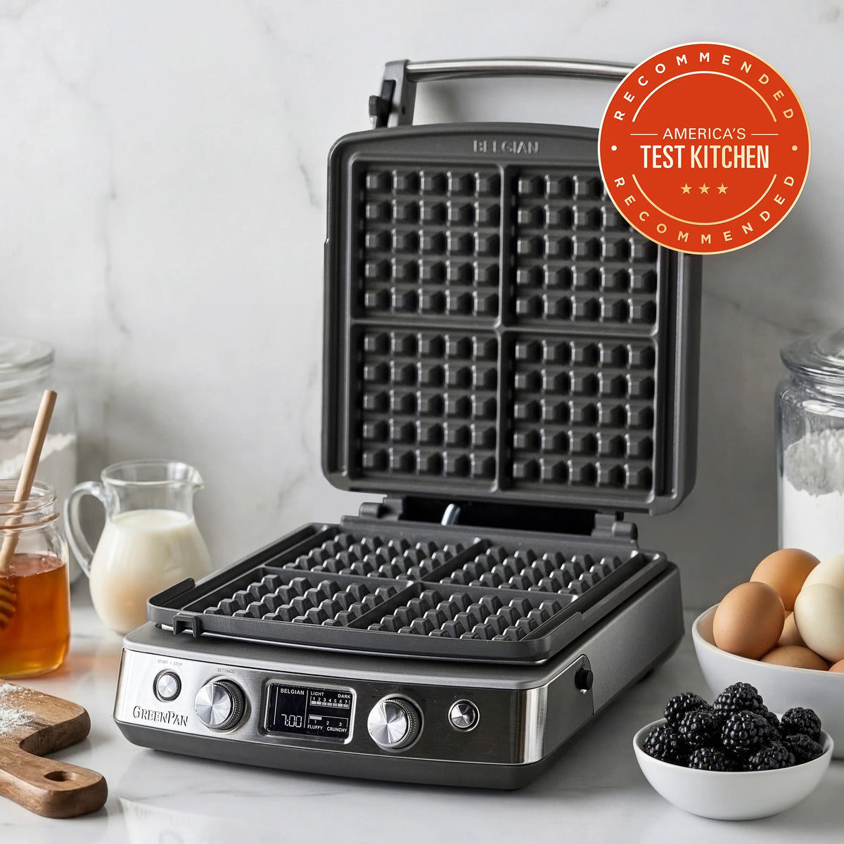 Elite Ceramic Nonstick 4-Square Waffle Maker | Premiere Stainless Steel