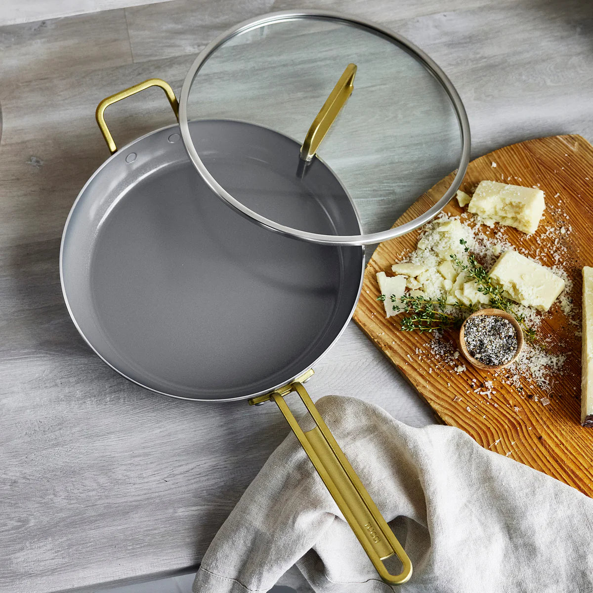 Stanley Tucci™ Stainless Steel Ceramic Nonstick 12" Frypan with Lid | Champagne Handle