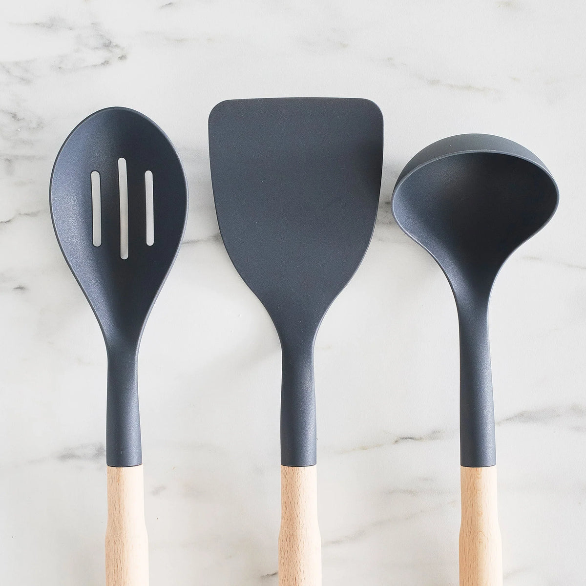 GreenLife Nylon & Wood Cooking Utensils with Ceramic Crock, 7-Piece Set | Charcoal Gray