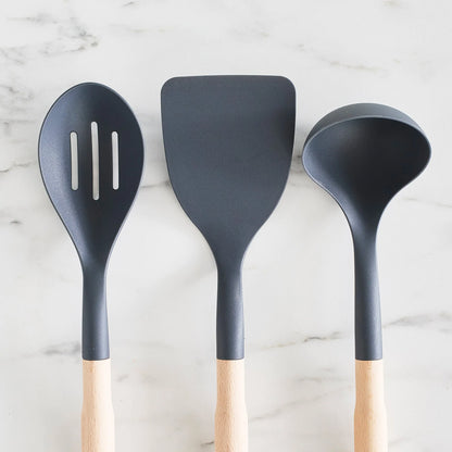 GreenLife Nylon & Wood Cooking Utensils with Ceramic Crock, 7-Piece Set | Charcoal Gray