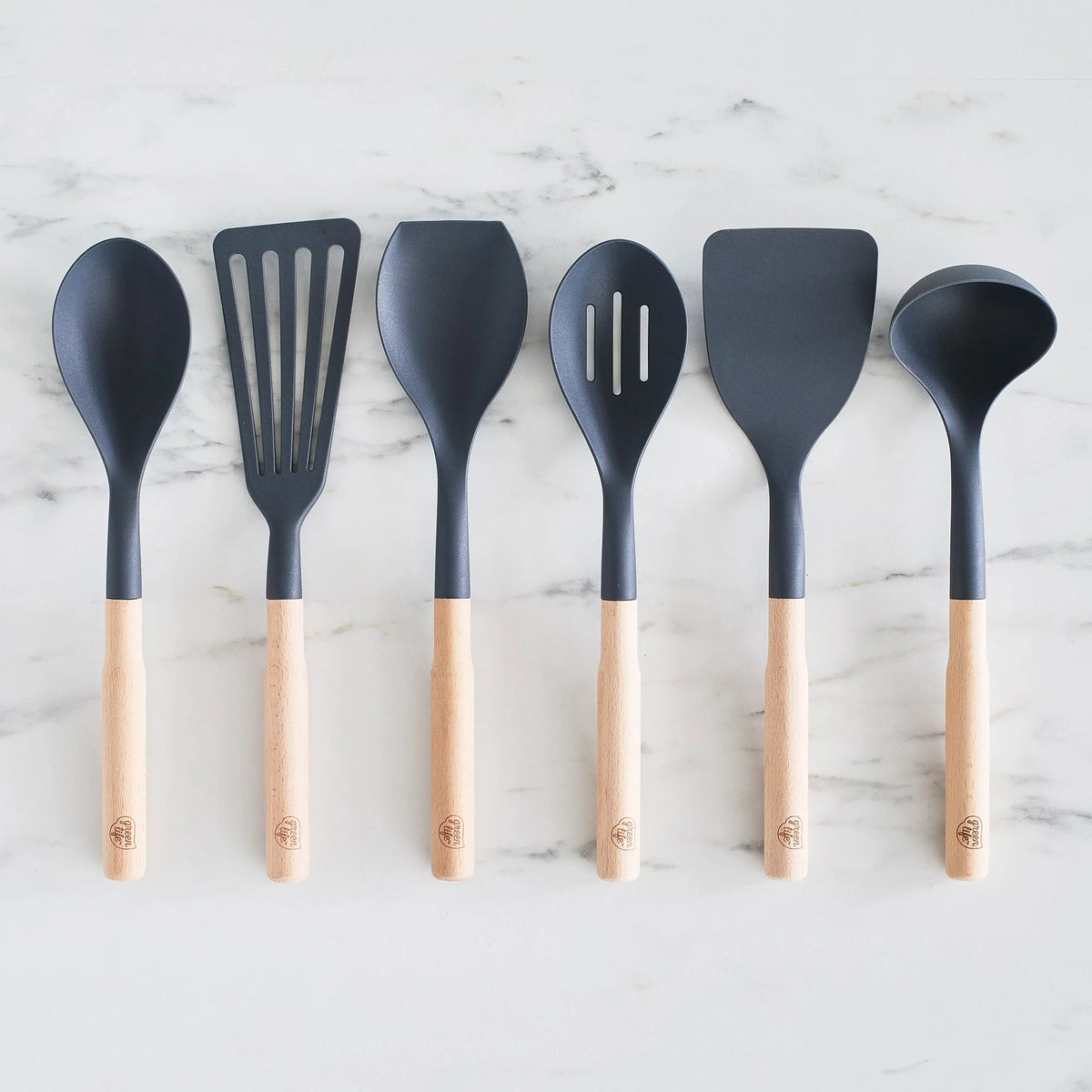GreenLife Nylon & Wood Cooking Utensils with Ceramic Crock, 7-Piece Set | Charcoal Gray