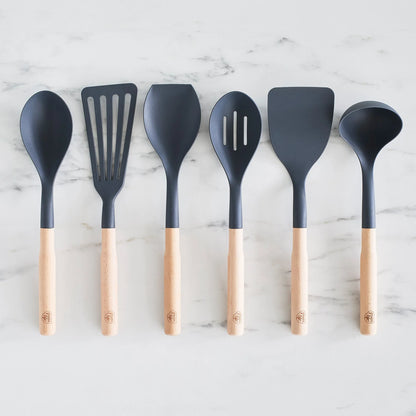 GreenLife Nylon & Wood Cooking Utensils with Ceramic Crock, 7-Piece Set | Charcoal Gray