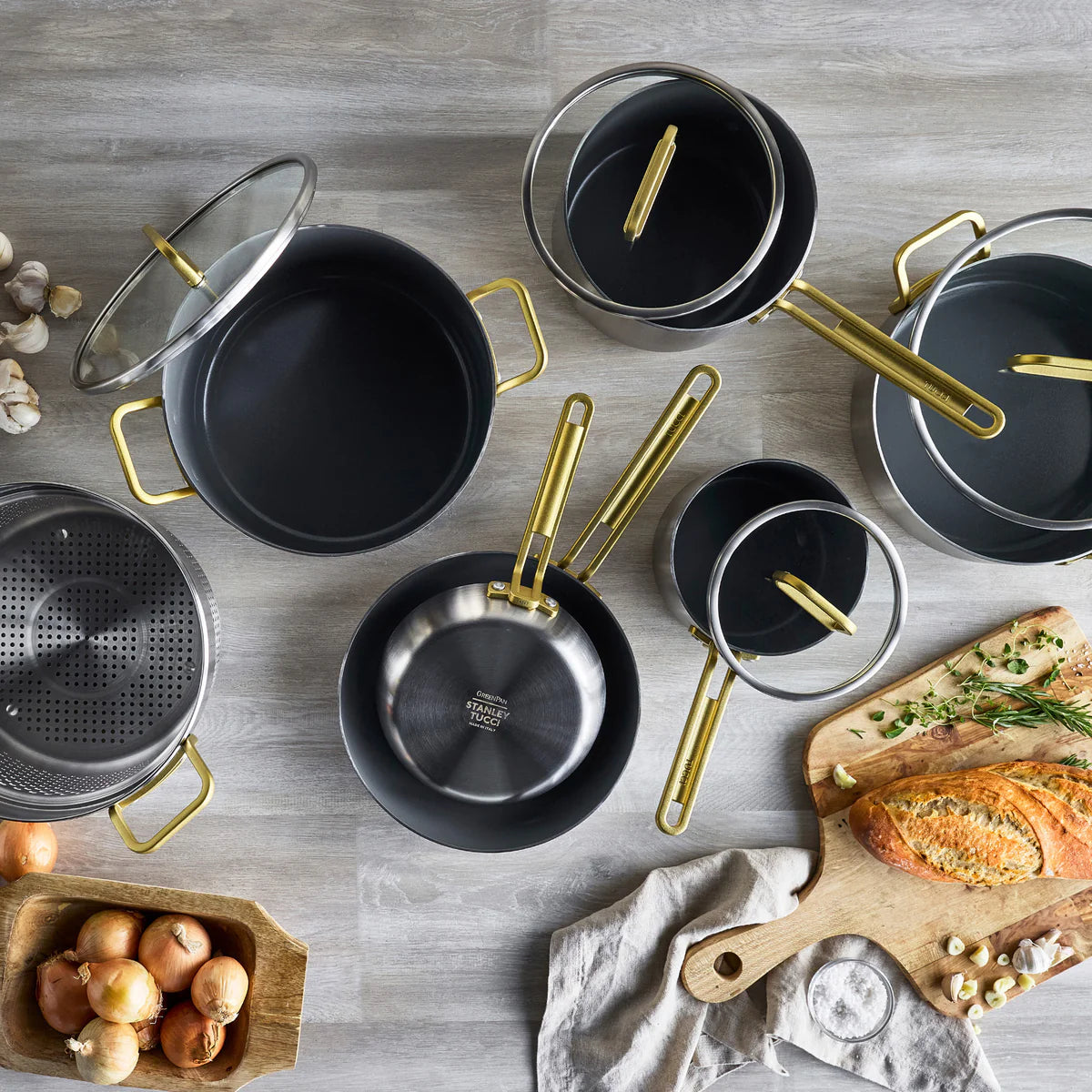 Stanley Tucci™ Stainless Steel Ceramic Nonstick 11-Piece Cookware Set | Champagne Handles