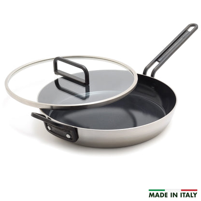Stanley Tucci™ Stainless Steel Ceramic Nonstick 12" Frypan with Lid | Black Handle