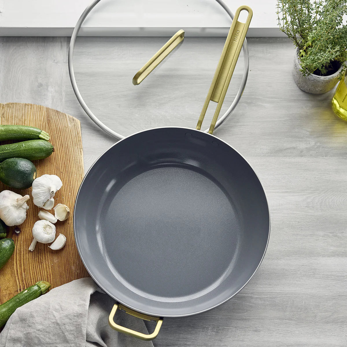 Stanley Tucci™ Stainless Steel Ceramic Nonstick 6.5-Quart Essential Stanley Pan with Lid | Champagne Handle