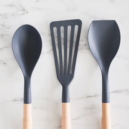 GreenLife Nylon & Wood Cooking Utensils with Ceramic Crock, 7-Piece Set | Charcoal Gray