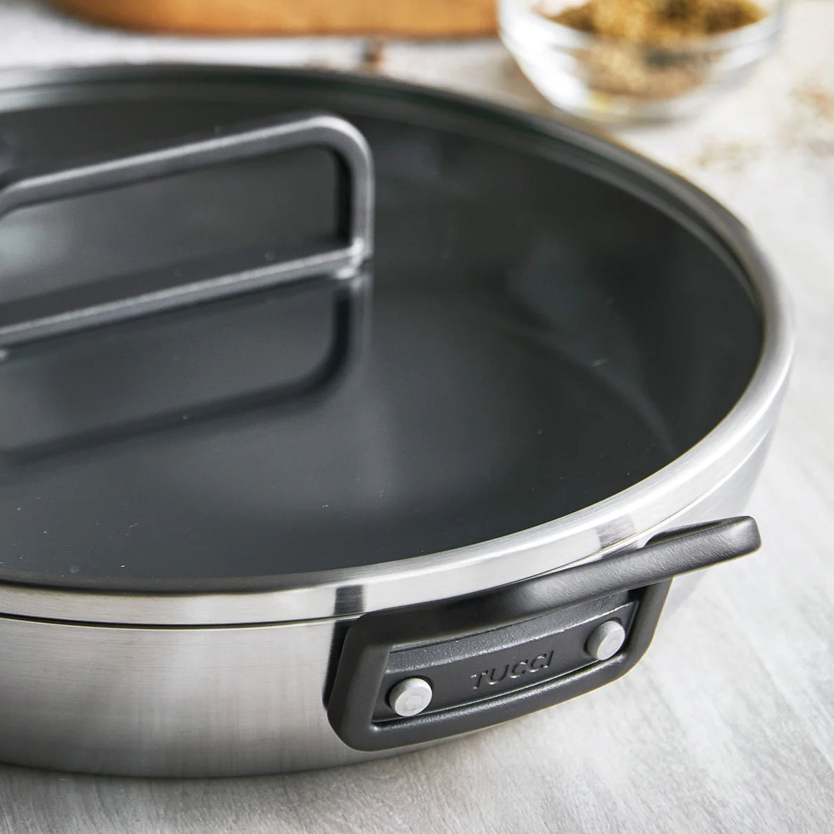 Stanley Tucci™ Stainless Steel Ceramic Nonstick 12" Frypan with Lid | Black Handle