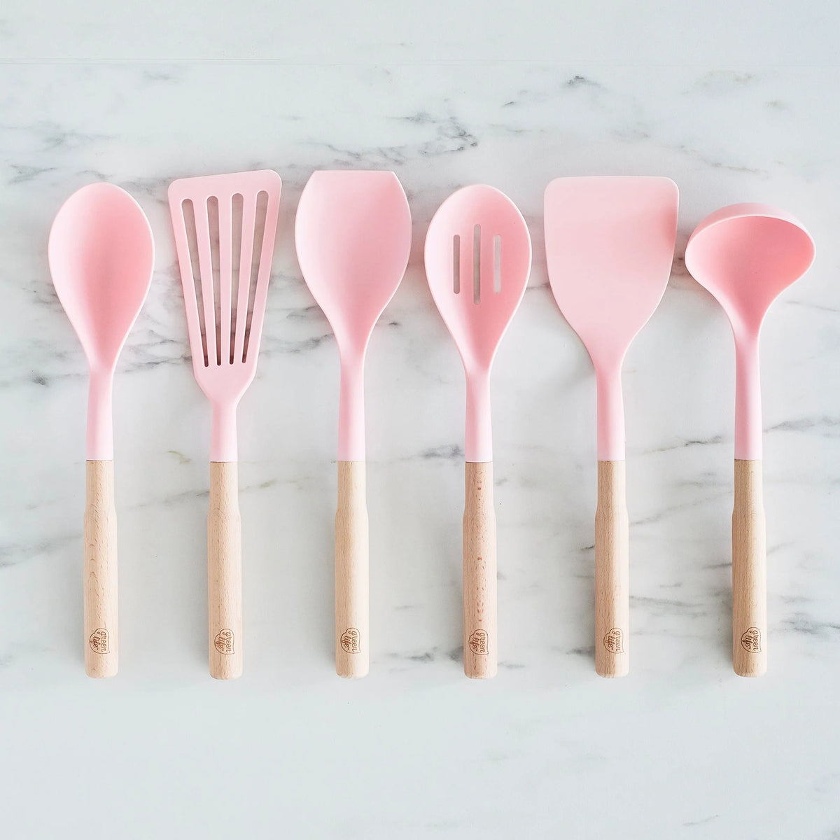 GreenLife Nylon & Wood Cooking Utensils with Ceramic Crock, 7-Piece Set | Pink