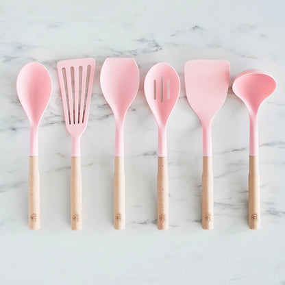 GreenLife Nylon & Wood Cooking Utensils with Ceramic Crock, 7-Piece Set | Pink