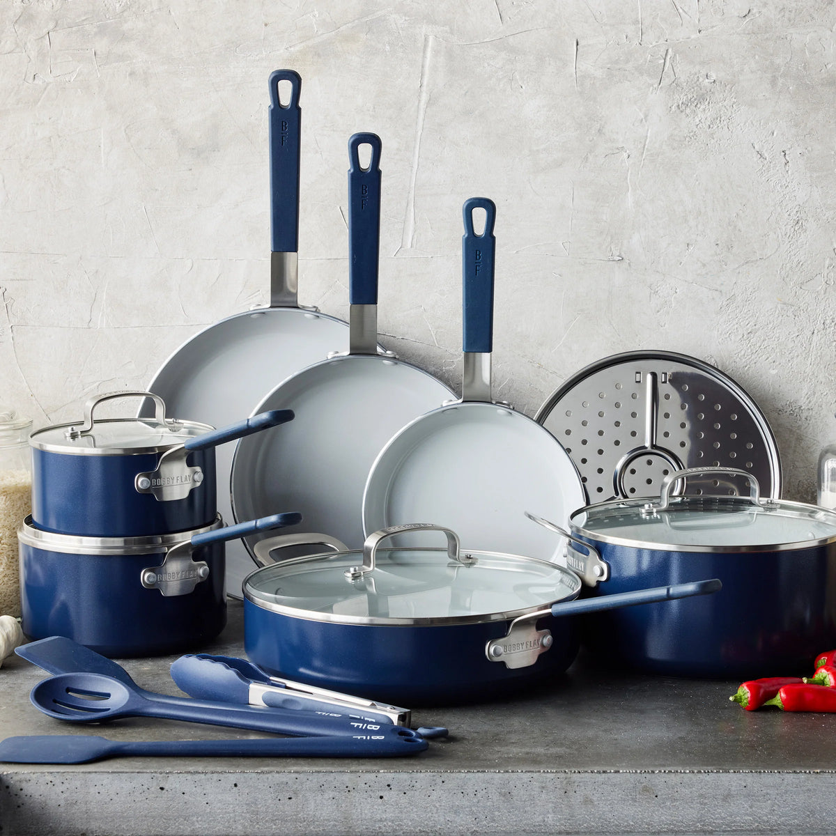 Bobby Flay by GreenPan Professional Ceramic Nonstick 16-Piece Cookware Set | Oxford Blue