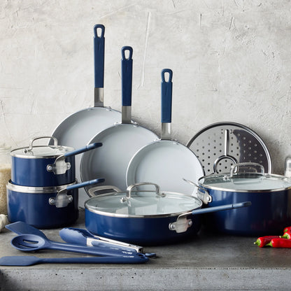 Bobby Flay by GreenPan Professional Ceramic Nonstick 16-Piece Cookware Set | Oxford Blue