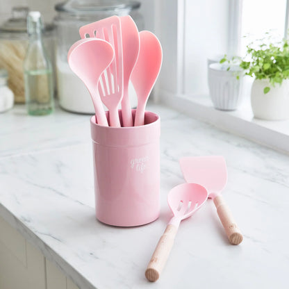 GreenLife Nylon & Wood Cooking Utensils with Ceramic Crock, 7-Piece Set | Pink