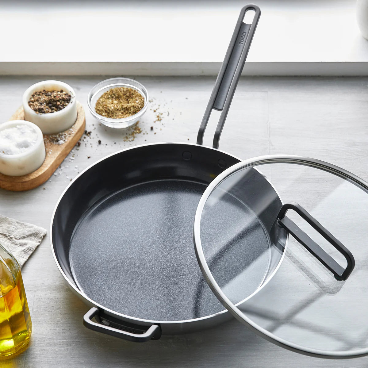 Stanley Tucci™ Stainless Steel Ceramic Nonstick 12" Frypan with Lid | Black Handle