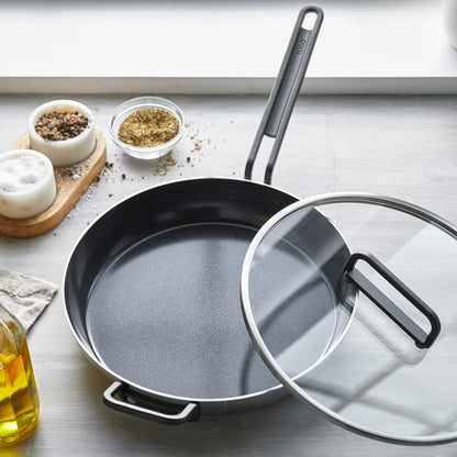 Stanley Tucci™ Stainless Steel Ceramic Nonstick 12" Frypan with Lid | Black Handle
