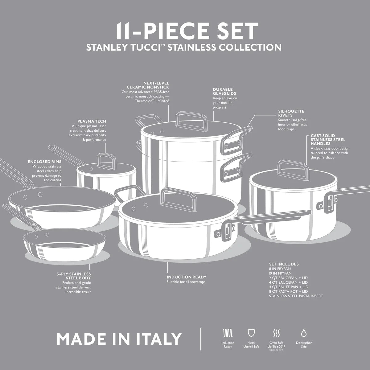 Stanley Tucci™ Stainless Steel Ceramic Nonstick 11-Piece Cookware Set | Champagne Handles