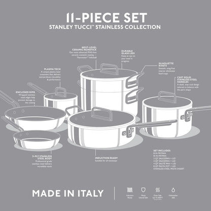 Stanley Tucci™ Stainless Steel Ceramic Nonstick 11-Piece Cookware Set | Champagne Handles