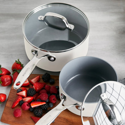 Valencia Pro Ceramic Nonstick 1.5-Quart and 3-Quart Saucepan Set with Lids | Cream