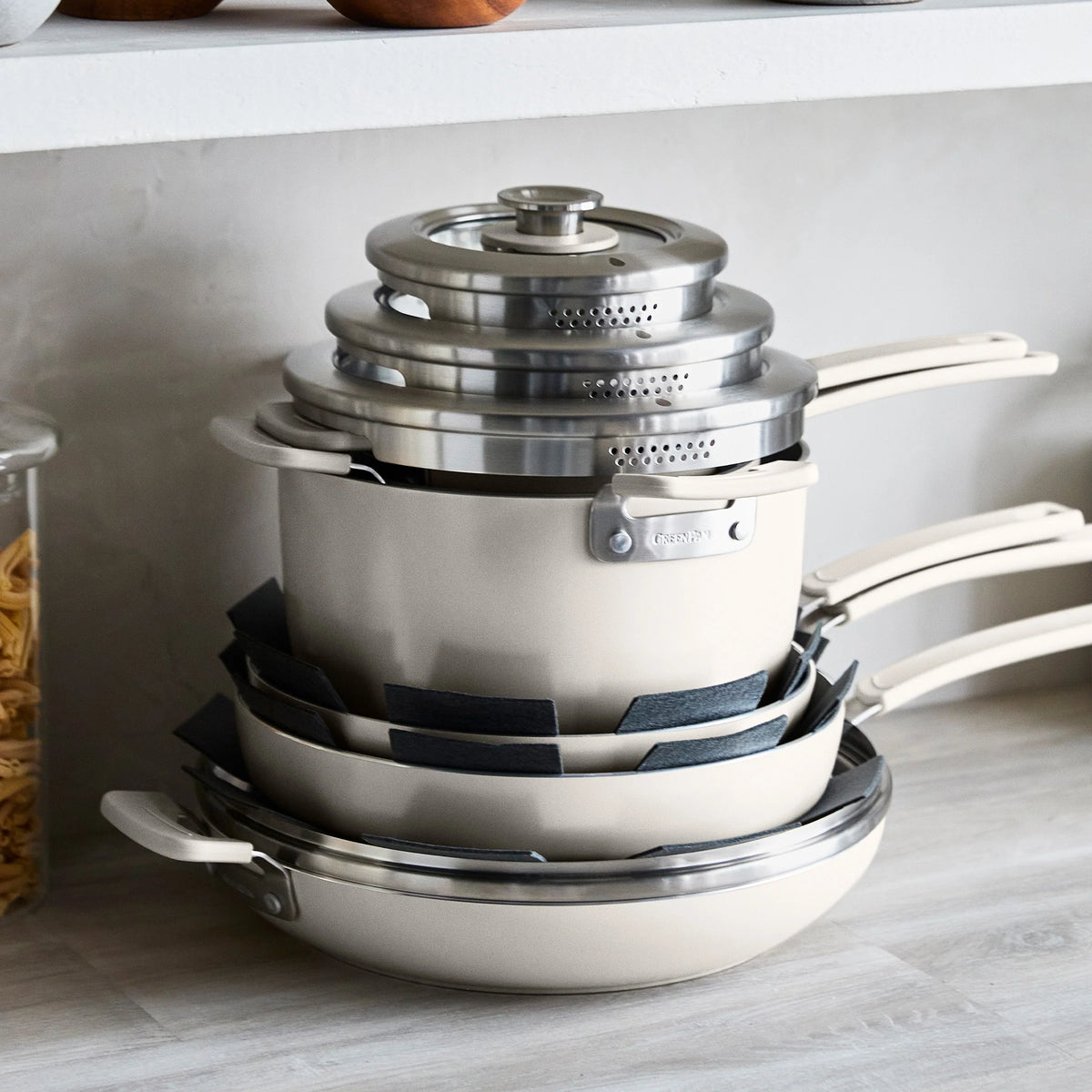 Space Saving Stack Ceramic Nonstick 11-Piece Cookware Set | Cream
