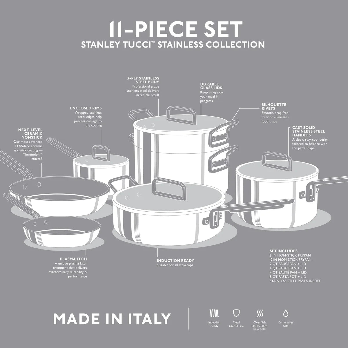 Stanley Tucci™ Mixed Material Stainless Steel 11-Piece Cookware Set